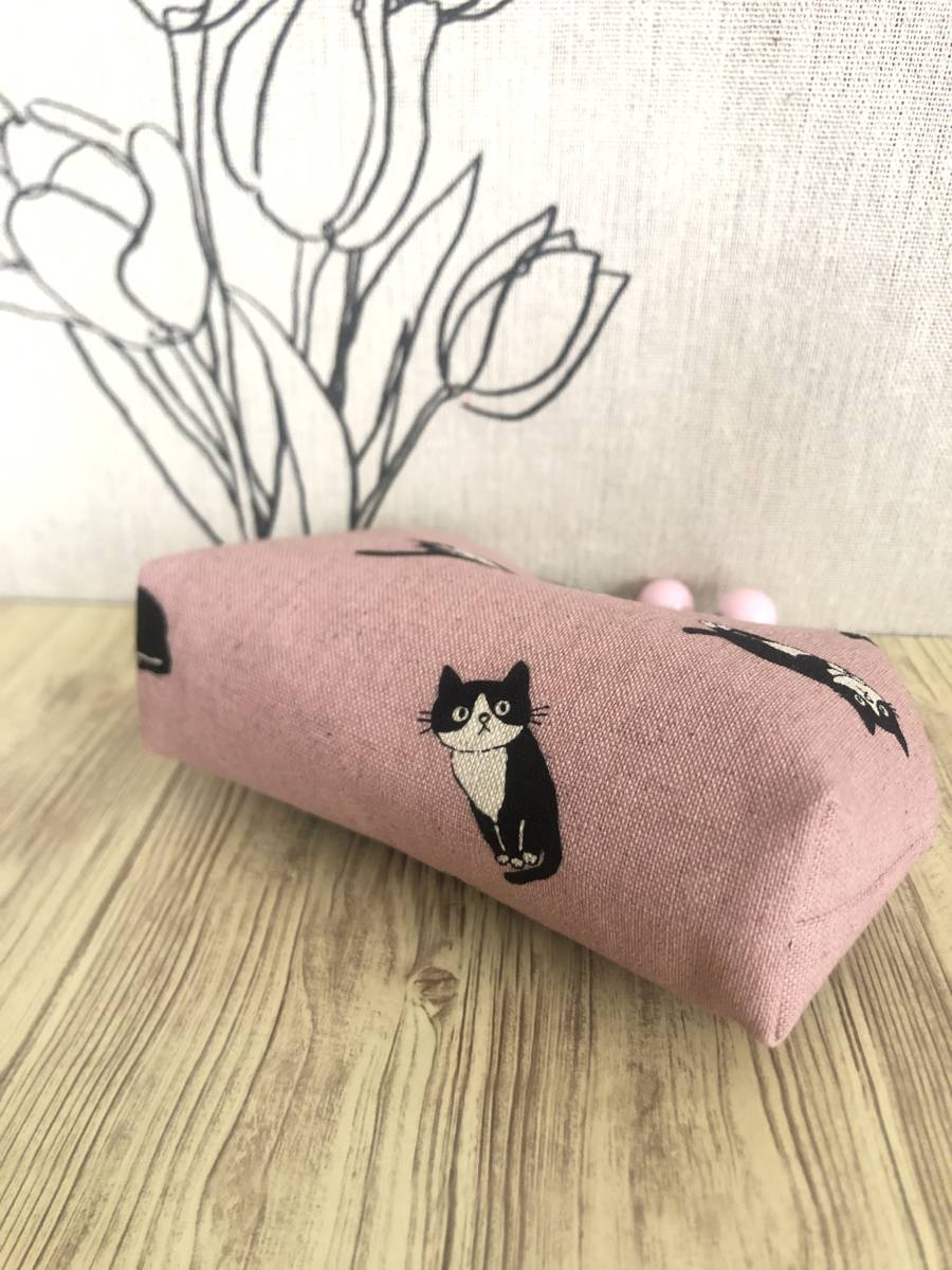 がま口 ポーチ / 財布 / 小物入れ / ハンドメイド ☆ 猫柄・スモークピンク3