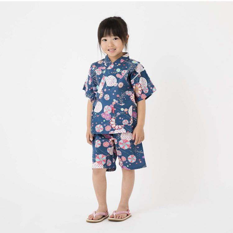 綿の郷子ども甚平110 ネイビー紺リップル生地日本製女の子キッズ浴衣