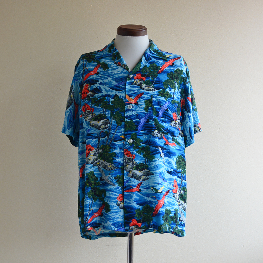 60s SPORTS WEAR 鶴柄 レーヨン ハワイアンシャツ MADE IN JAPAN 表記M