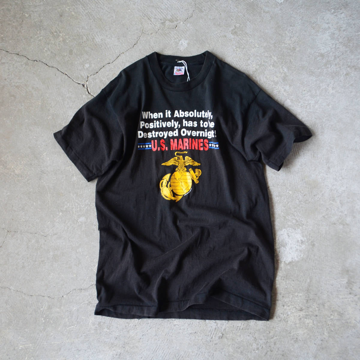 90s US.MARINES プリントTシャツ MADE IN USA 表記L 黒 フルーツオブザルーム / ビンテージ ミリタリー 米軍 古着