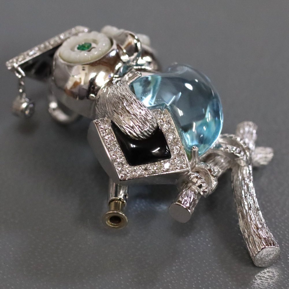 K18WG/K14 blue topaz brooch / pendant top owl motif D0.20 E0.10 13.0g