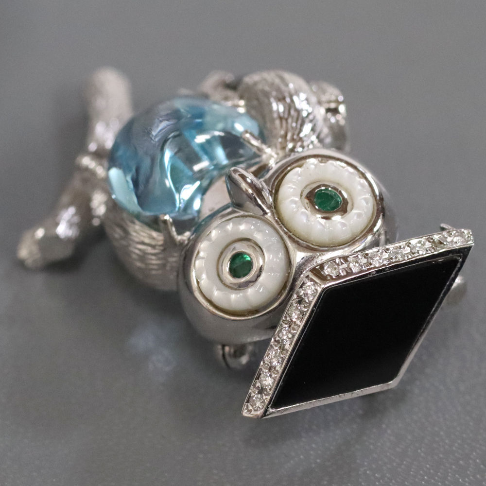 K18WG/K14 blue topaz brooch / pendant top owl motif D0.20 E0.10 13.0g