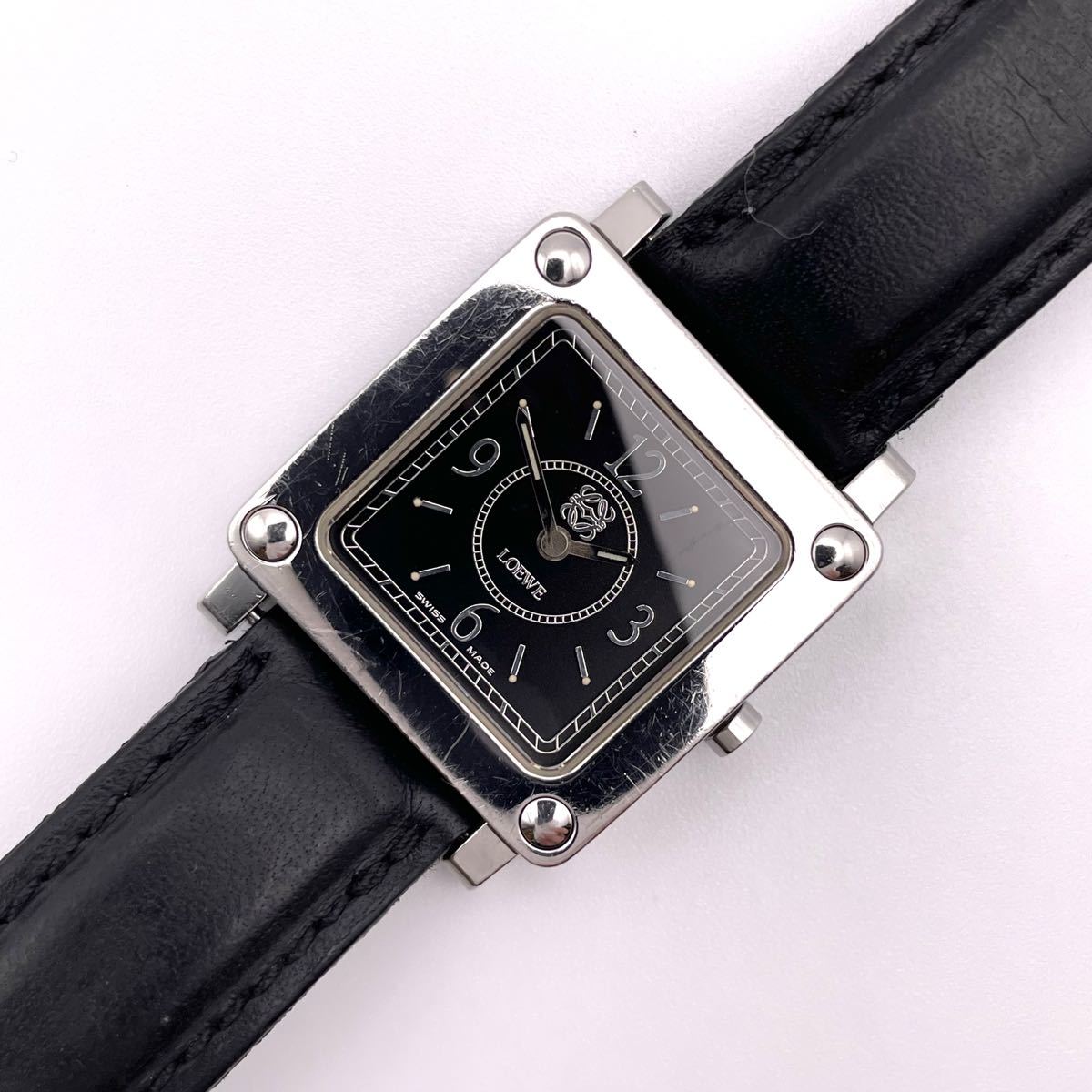新品電池】ロエベ 150周年 スクエア 黒文字盤 腕時計 アナグラム シルバー-