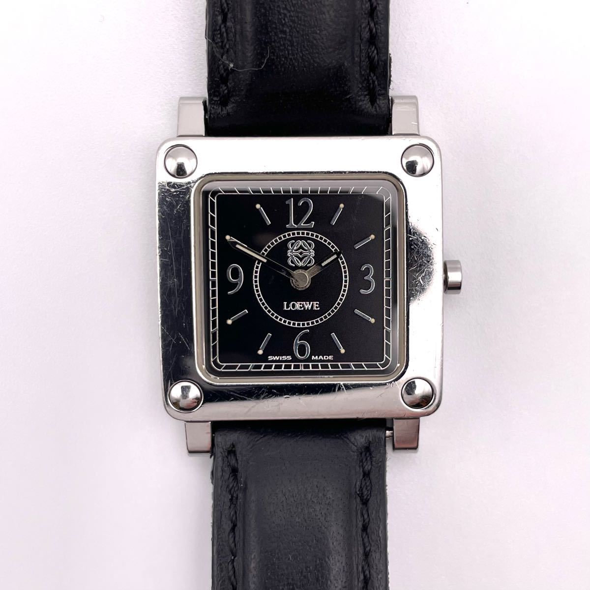 ロエベ 腕時計 美品 アンティーク レディース ブラック革 ブレスクォーツ-