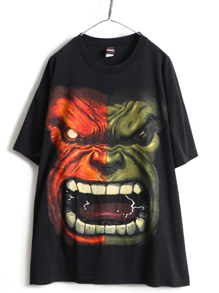 00s 大きいサイズ XXL 人気 黒 ■ MARVEL オフィシャル ハルク プリント 半袖 Tシャツ ( メンズ ) 古着 キャラクター マーベル オールド