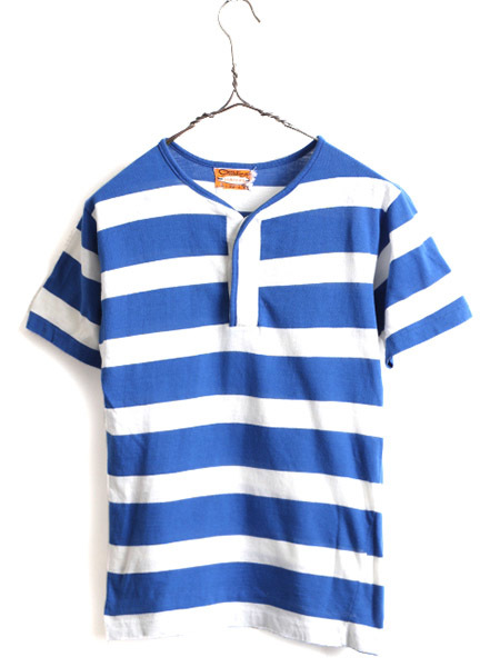良質  レディース XS メンズ ( Tシャツ 半袖 ボーダー ワイド ヘンリーネック Catalina ■ ビンテージ 60s S 半袖Tシャツ 白 青 60年代 古着 程) ヘンリーネック