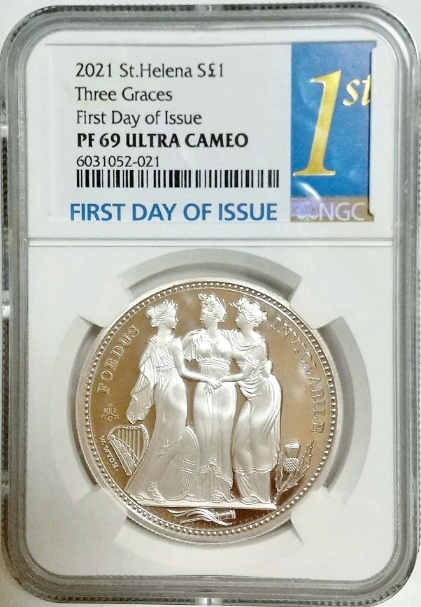 FDI 初日ラベル 2021年 セントヘレナ スリーグレイセス 1ポンド 1オンス プルーフ 銀貨 NGC PF69 ULTRA CAMEO First Day of Issue イギリス_画像2