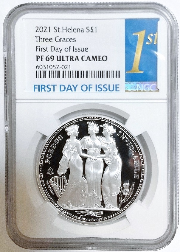 FDI 初日ラベル 2021年 セントヘレナ スリーグレイセス 1ポンド 1オンス プルーフ 銀貨 NGC PF69 ULTRA CAMEO First Day of Issue イギリス_画像1