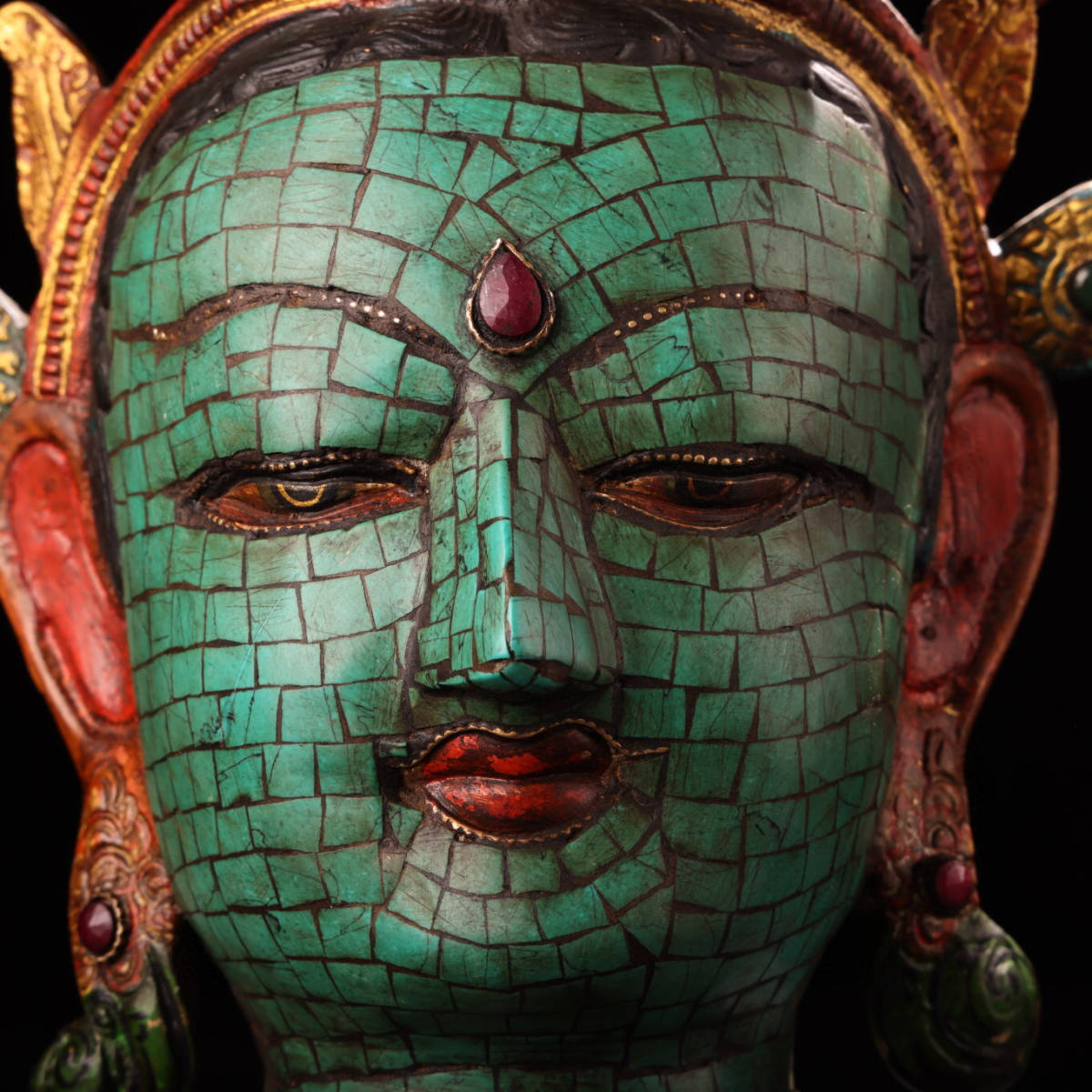 仏像 『収蔵家蔵・銅製・寶石嵌・描金・彩繪・綠度母頭像』具置物・古 