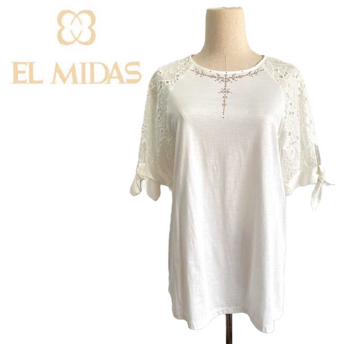  new goods 42900 jpy 9 number 38EL MIDAS L mida Swarovski crystal rhinestone sleeve race short sleeves cotton tops sleeve ribbon high class cotton T-shirt three cape commercial firm 