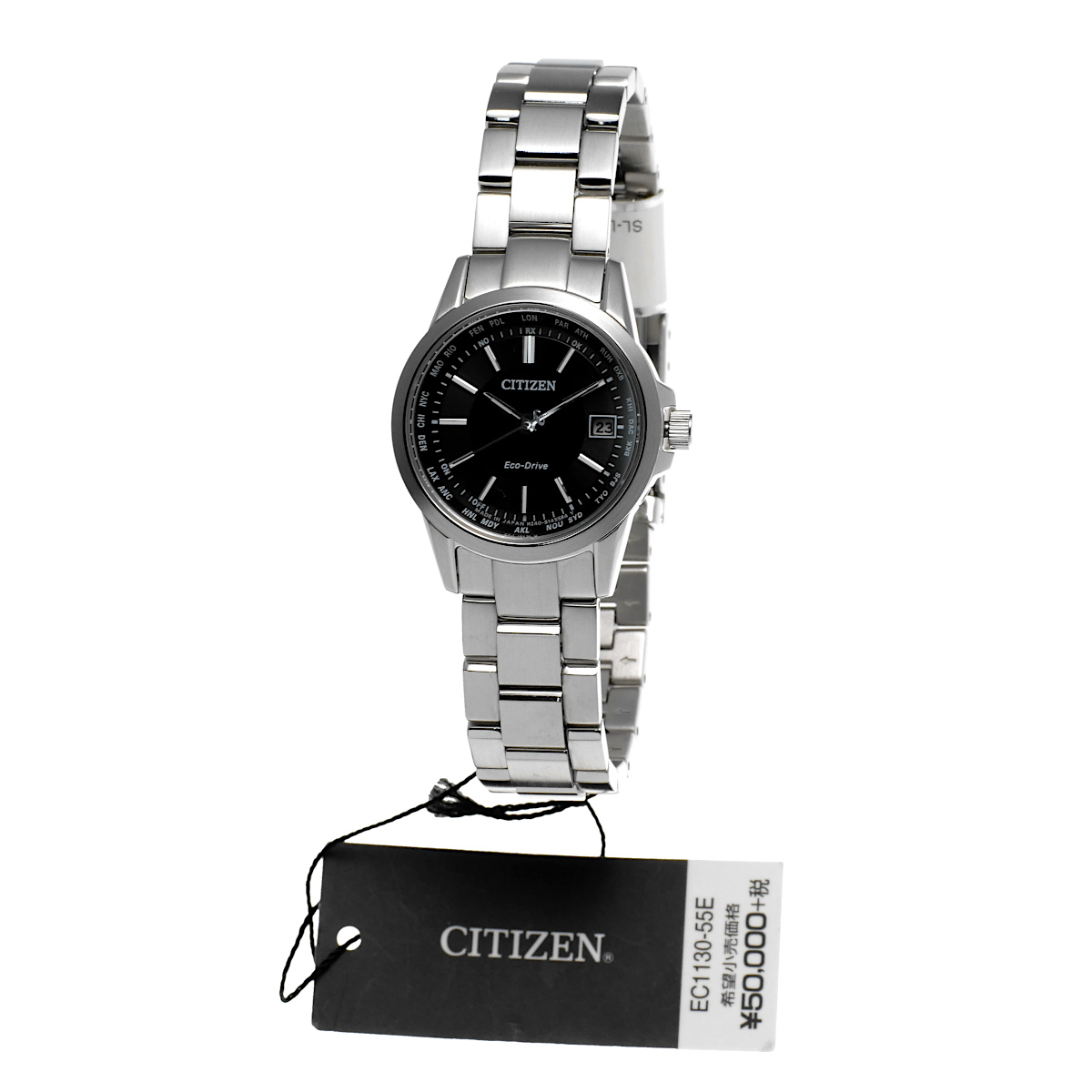 CITIZEN Citizen Eko-Drive black face stainless steel / solar / electro-magnetic wave clock EC1130-55E lady's as good as new [. shop pawnshop W0283]