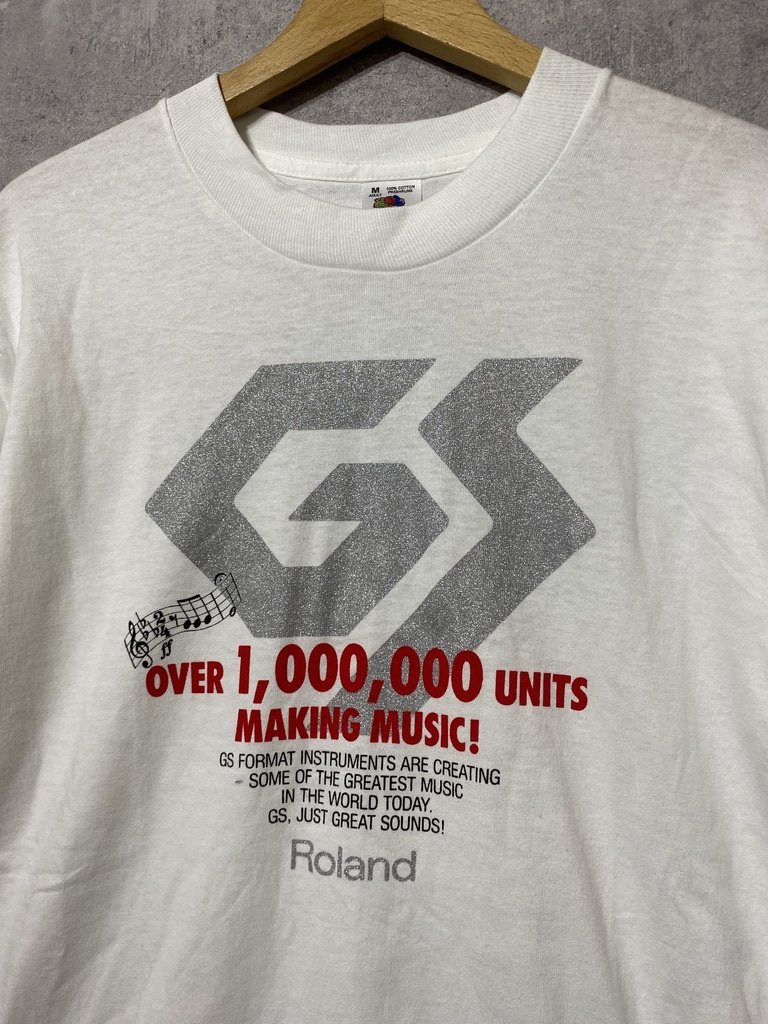 美品 90's USA製 ビンテージ▽Roland ローランド 企業物 半袖Tシャツ M 白 ホワイト 楽器 音楽 シンセサイザー 機材 フルーツオブザルーム_画像3