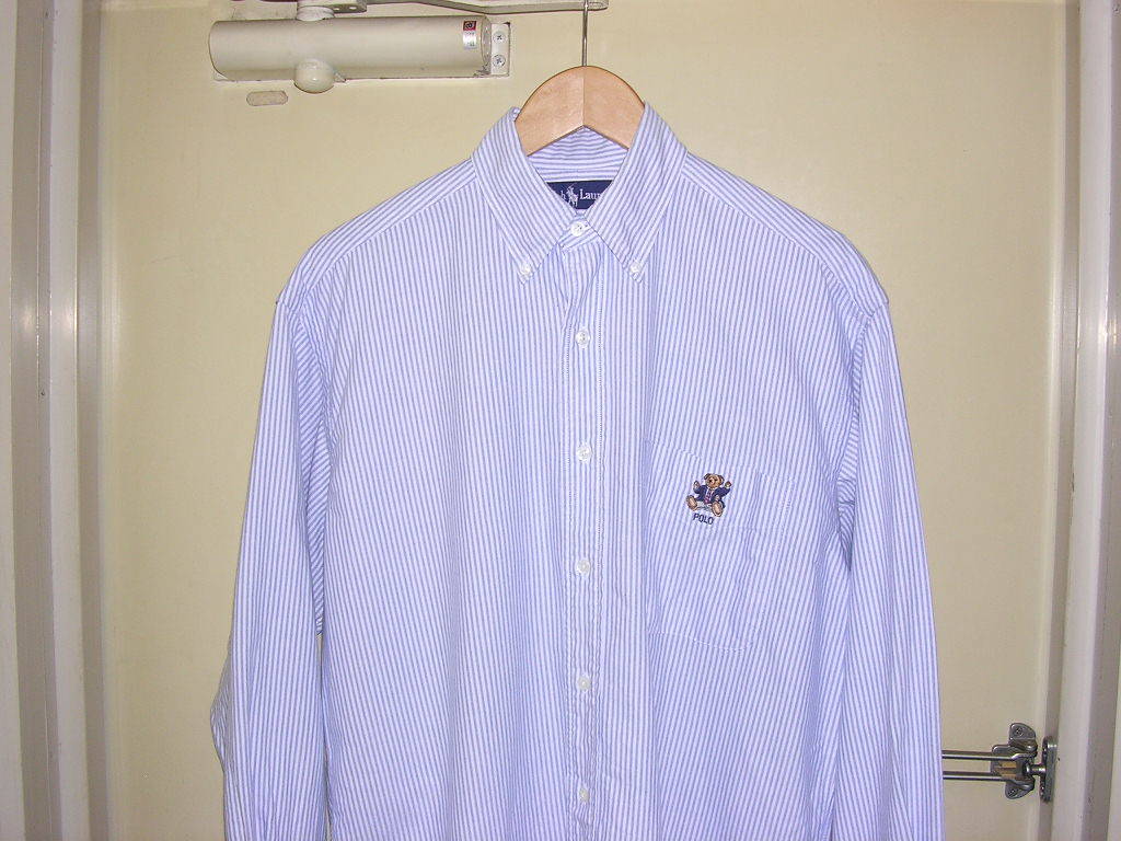90s ラルフローレン ポロベアー刺繍 長袖B.Dシャツ S オックスフォード/ストライプ vintage old