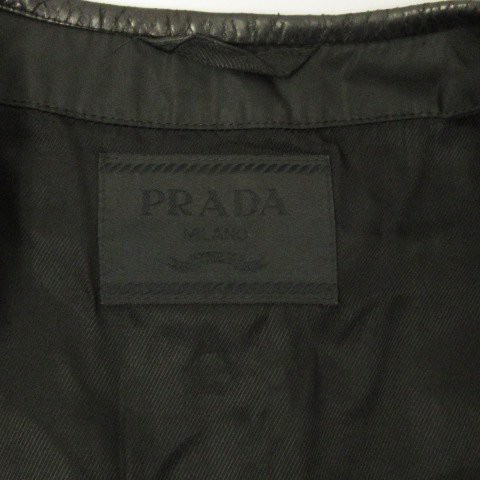 【中古】プラダ PRADA ノーカラー ジャケット ブルゾン レザー ナイロン 切替 イタリア製 黒 ブラック M アウター