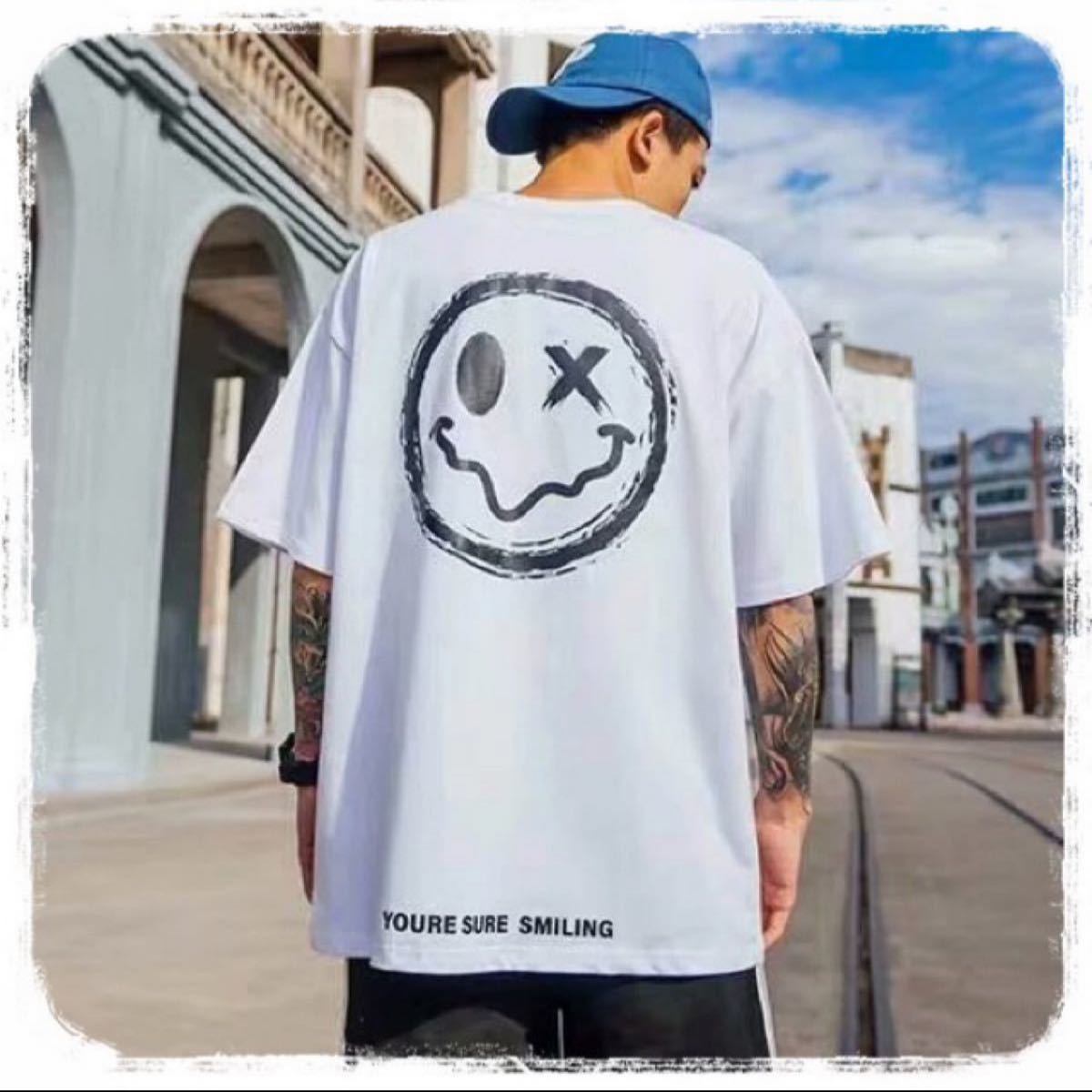 オーバーサイズ　Tシャツ　L ホワイト　白　黒　韓国　ユニセックス　大きめ　ビッグシルエット　ストリート　モノトーン　スマイル