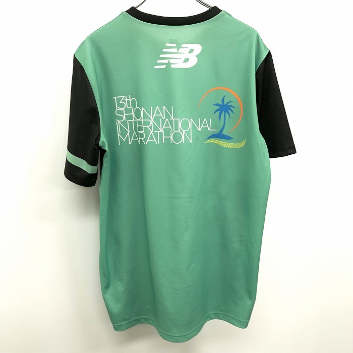 NB NEW BALANCE ニューバランス L メンズ Tシャツ 第13回湘南国際マラソン 両面プリント ヤシの木 半袖 ポリ100% グリーン×ブラック 緑_画像2