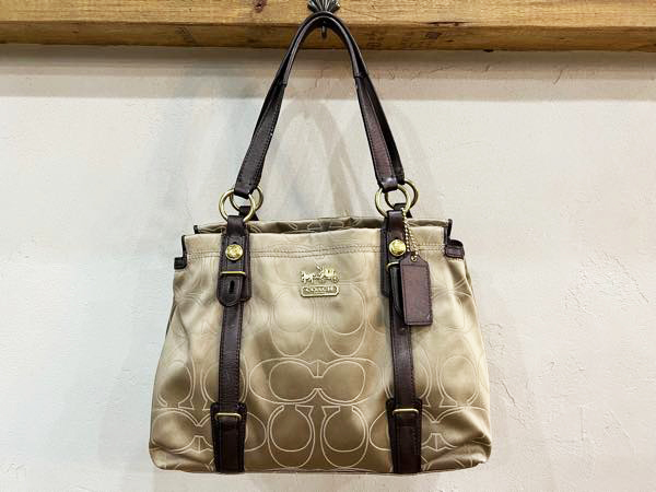 ★良品!!COACH/コーチ シグネチャー サテンキャンバス レザー ミア 15402 ハンドバッグ シャンパンゴールド×ブラウンレディース カバン★