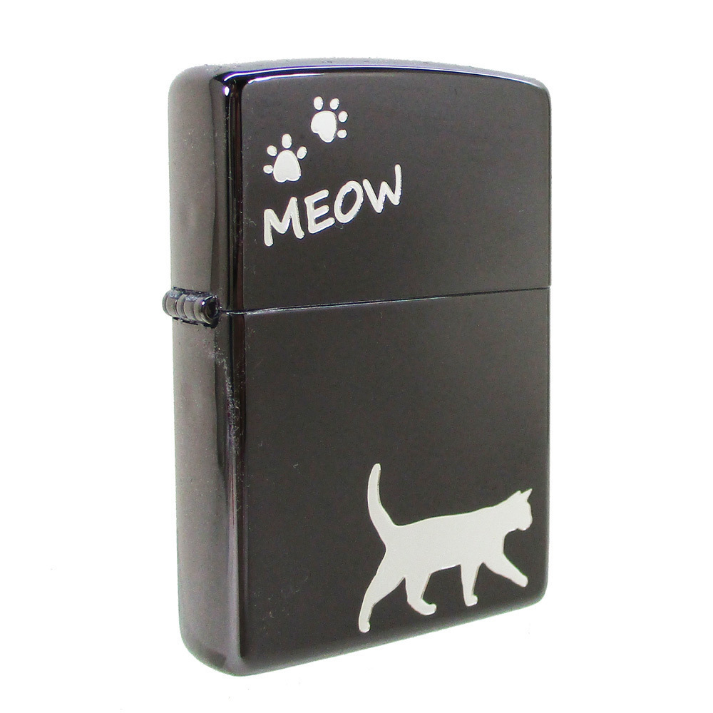 同梱可能 ジッポー オイルライター meow ネコ 黒メッキミラー銀差し CAT-KB　&ギフトボックスセット（オイル＋フリント+BOX）_画像2