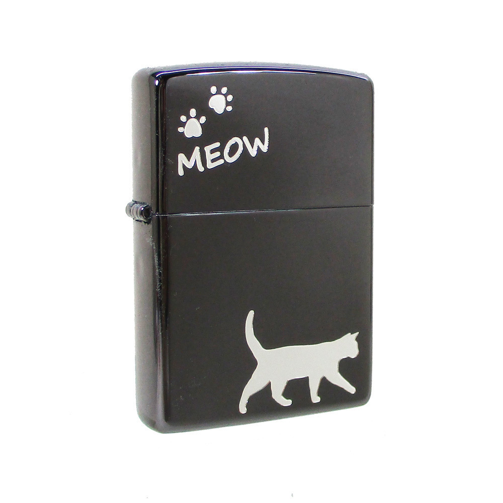 同梱可能 ジッポー オイルライター meow ネコ 黒メッキミラー銀差し CAT-KB　&ギフトボックスセット（オイル＋フリント+BOX）_画像5