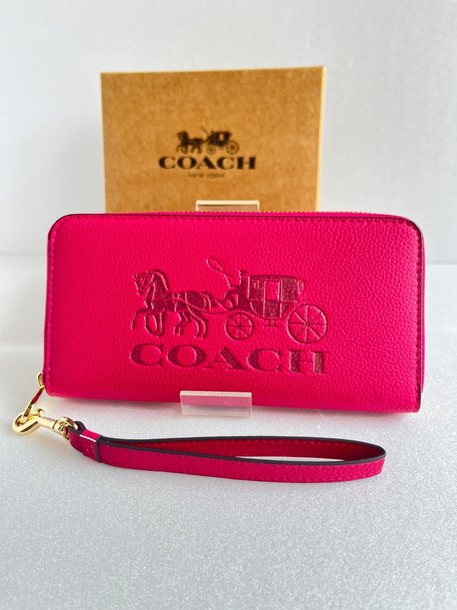 【新品未使用】コーチ COACH ラウンドファスナー ストラップ付き 長財布 C3548　ルビー　ホースアンドキャリッジ