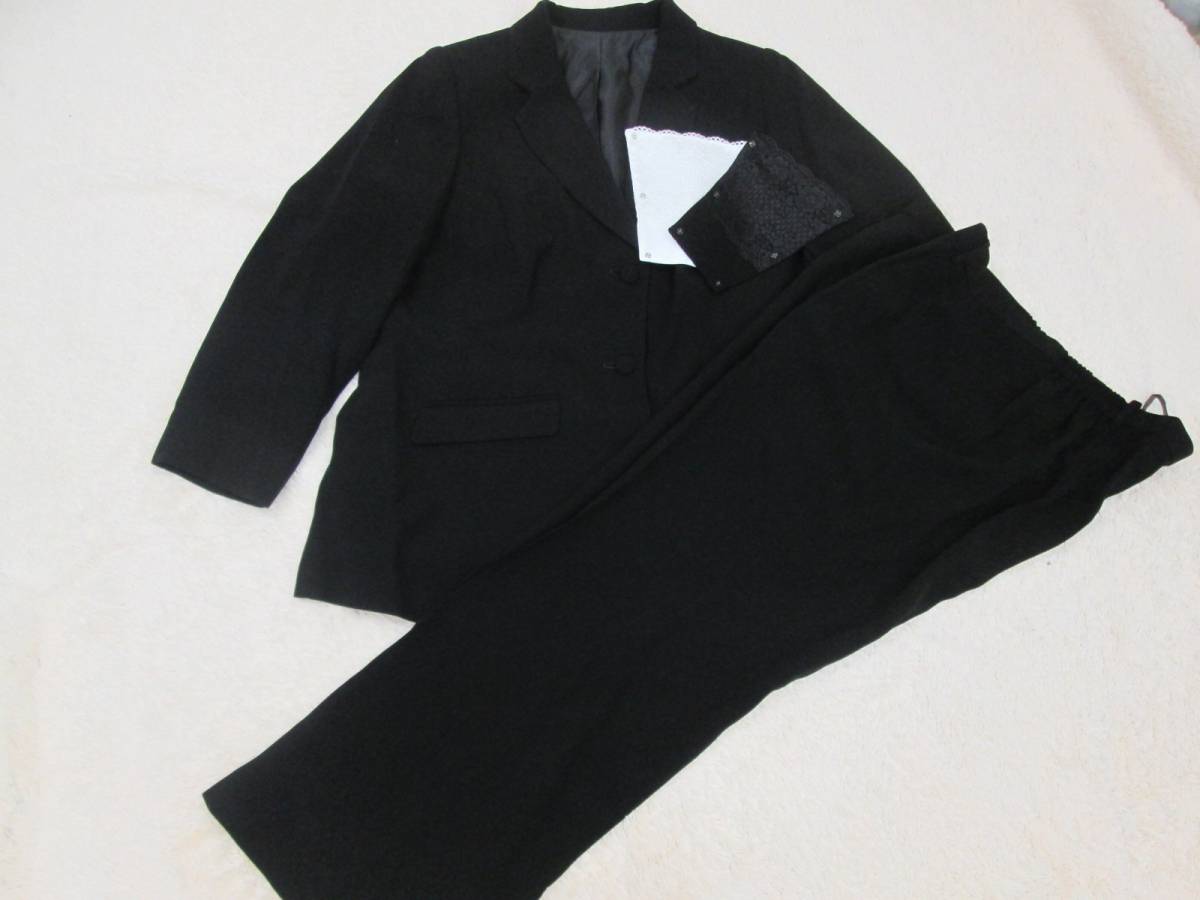 B616新品♪上質29号ブラックフォーマルパンツスーツ胸当2枚付大きいサイズ