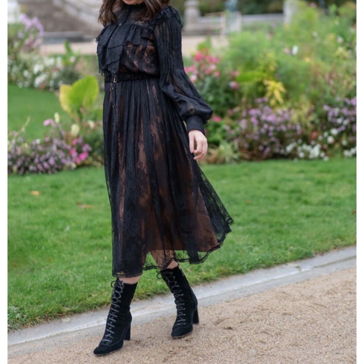 Herlipto Romantic Lace Belted Dress black Sサイズ　総レースドレス ロングワンピース