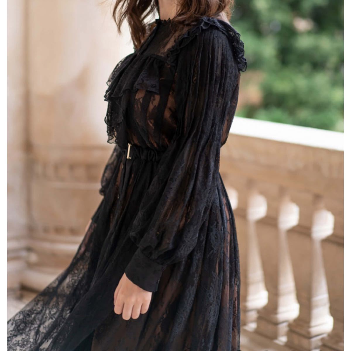 Herlipto Romantic Lace Belted Dress black Sサイズ　総レースドレス ロングワンピース