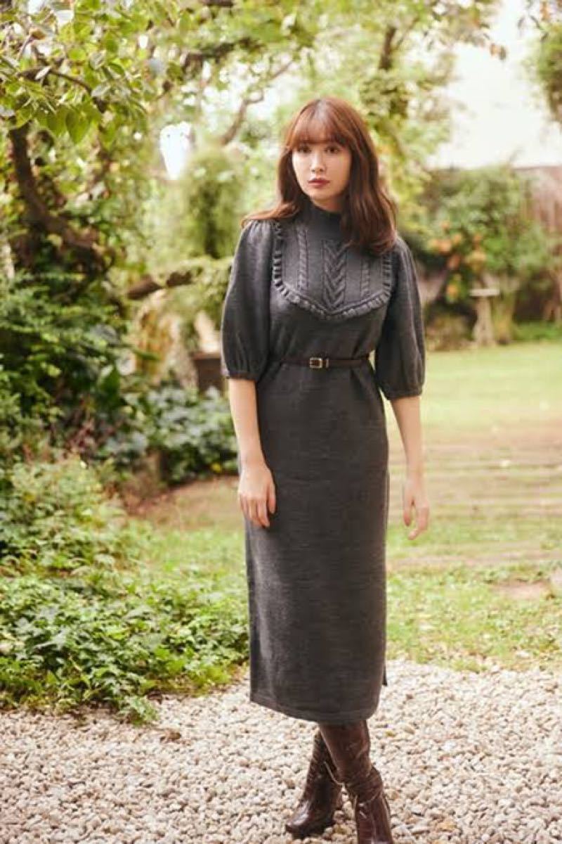 Belted Ruffle Cable-Knit Dress espresso S ケーブルニットワンピ エスプレッソブラウン