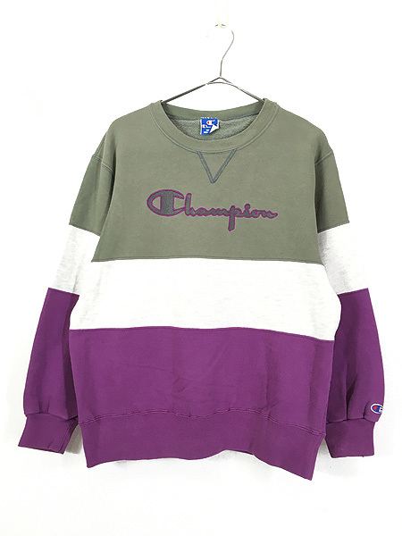 古着 90s USA製 Champion BIG ロゴ 刺しゅう 前V 3トーン スウェット トレーナー L 古着_画像1