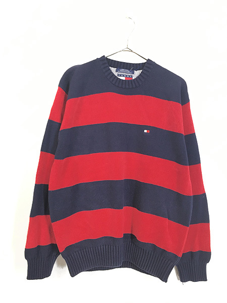 古着 TOMMY HILFIGER ワンポイント 太ピッチ ボーダー コットン ニット セーター L 古着_画像1