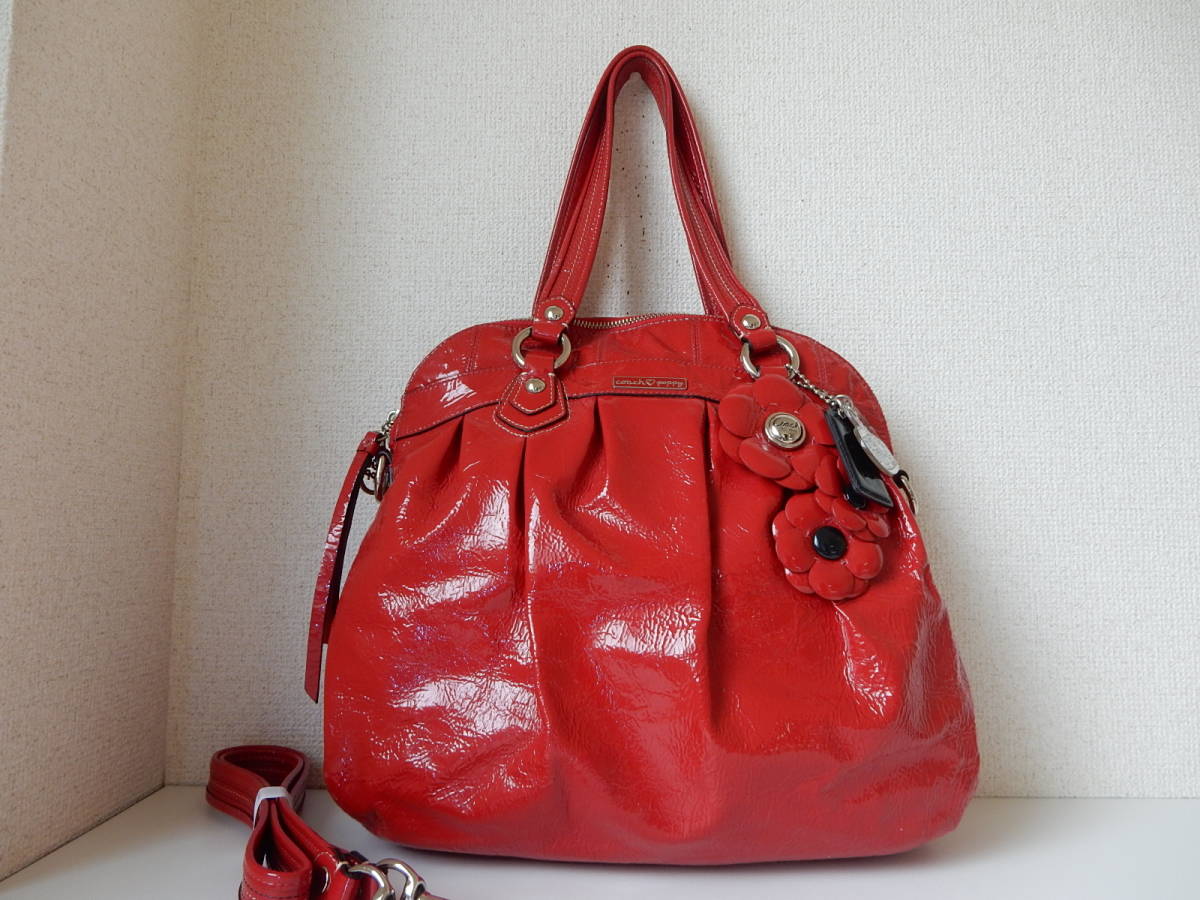 COACH poppy(コーチ ポピー)☆B5対応☆エナメル☆2WAＹトートバッグ(ショルダー付き)レッド(金具シルバー)No.L1082-16491_フロント