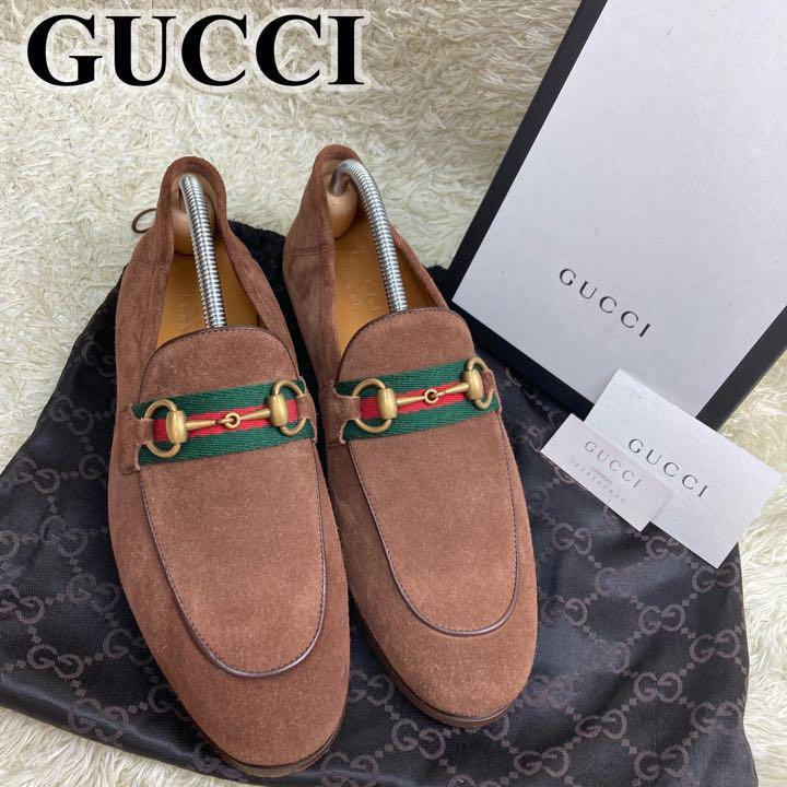 美品 GUCCI 42E グッチ スエードスリッポン モノグラム シューズ 本革