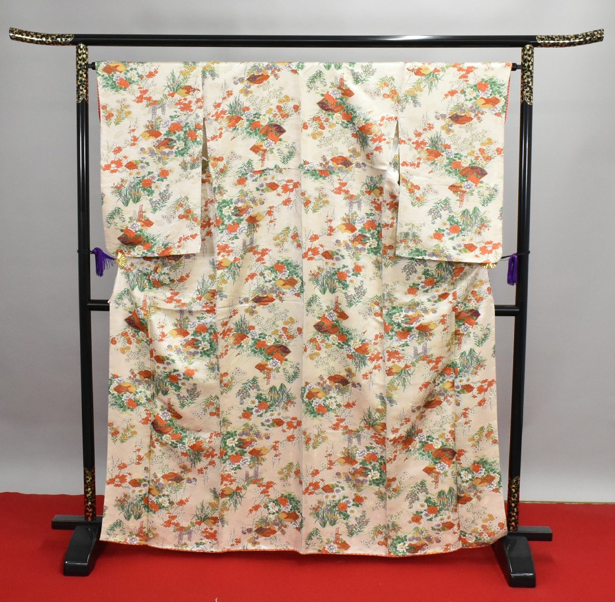 【桜庭呉服店】小紋 着物 扇面 花 秋草文 牡丹 梅 身丈159cm 裄丈65cm　★ kb-1652_画像3