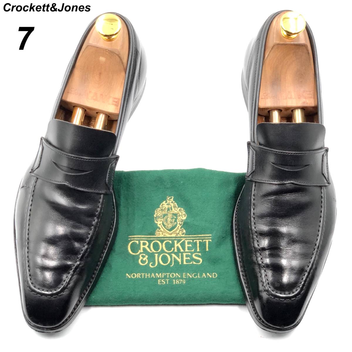 即決 Crockett&Jones クロケット＆ジョーンズ 25cm 7 メンズ レザーシューズ ローファー 黒 ブラック 保存袋付 革靴 皮靴 ビジネスシューズ