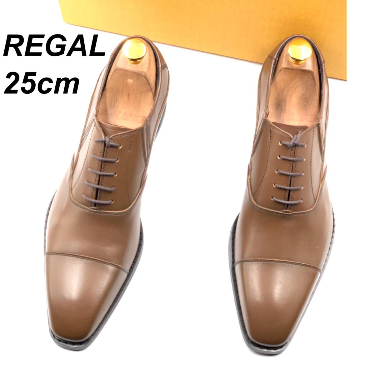 即決 未使用 REGAL リーガル 25cm V209 メンズ レザーシューズ ストレートチップ 内羽根 茶 ブラウン 箱付 革靴 皮靴 ビジネスシューズ
