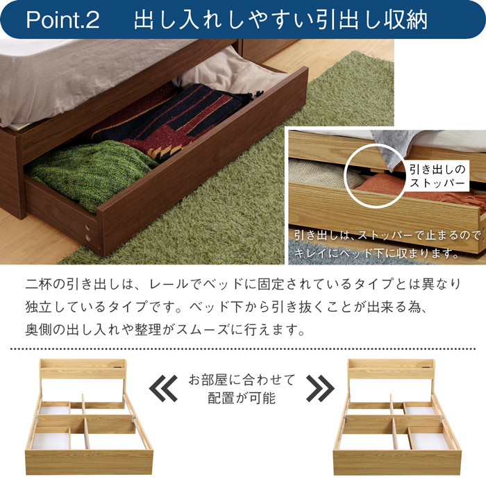 棚・引出し収納付きベッド【ルース】 シングルサイズ ウォールナット