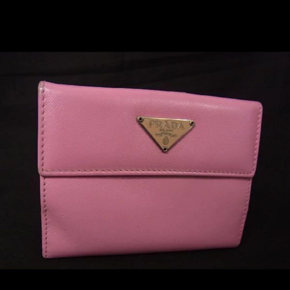 【美品】☆PRADA プラダ サフィアーノレザー Wホック 三角プレート金具 二つ折り 財布 ピンク 3