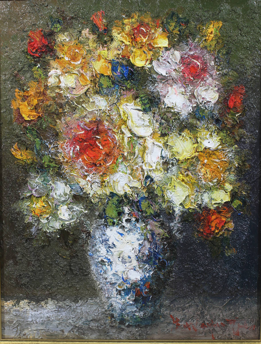 B1259 【渡部ひでき】 油彩 油絵 『薔薇』 額装/美品!zy