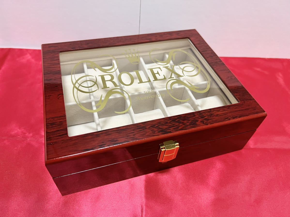 【レア♪ 新品】 ROLEX ロレックス ディスプレイケース １０本収納 木製 識別番号 ガラス天板 腕時計Box_画像2