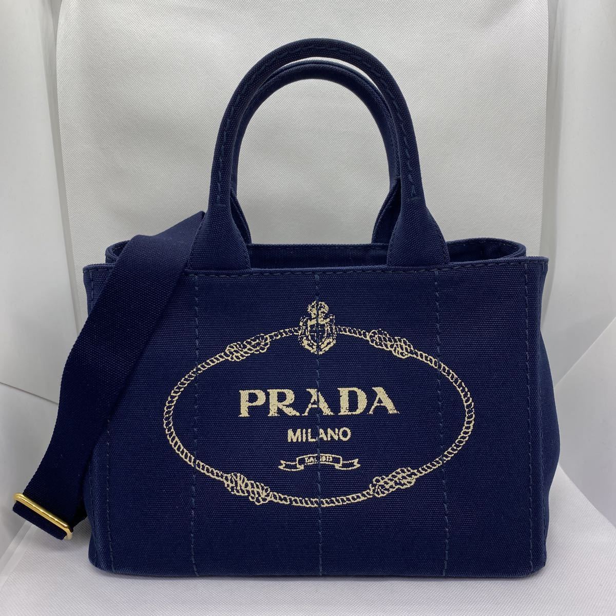 上品】 美品 PRADA プラダ カナパ トート キャンバス ネイビー 2way