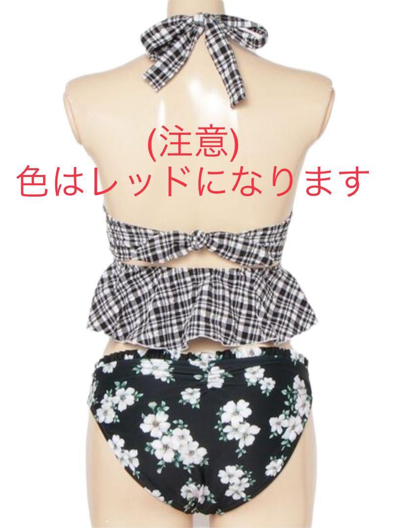 PR01. フクレチェック × フラワープリントbikini　水着　レッド_画像4