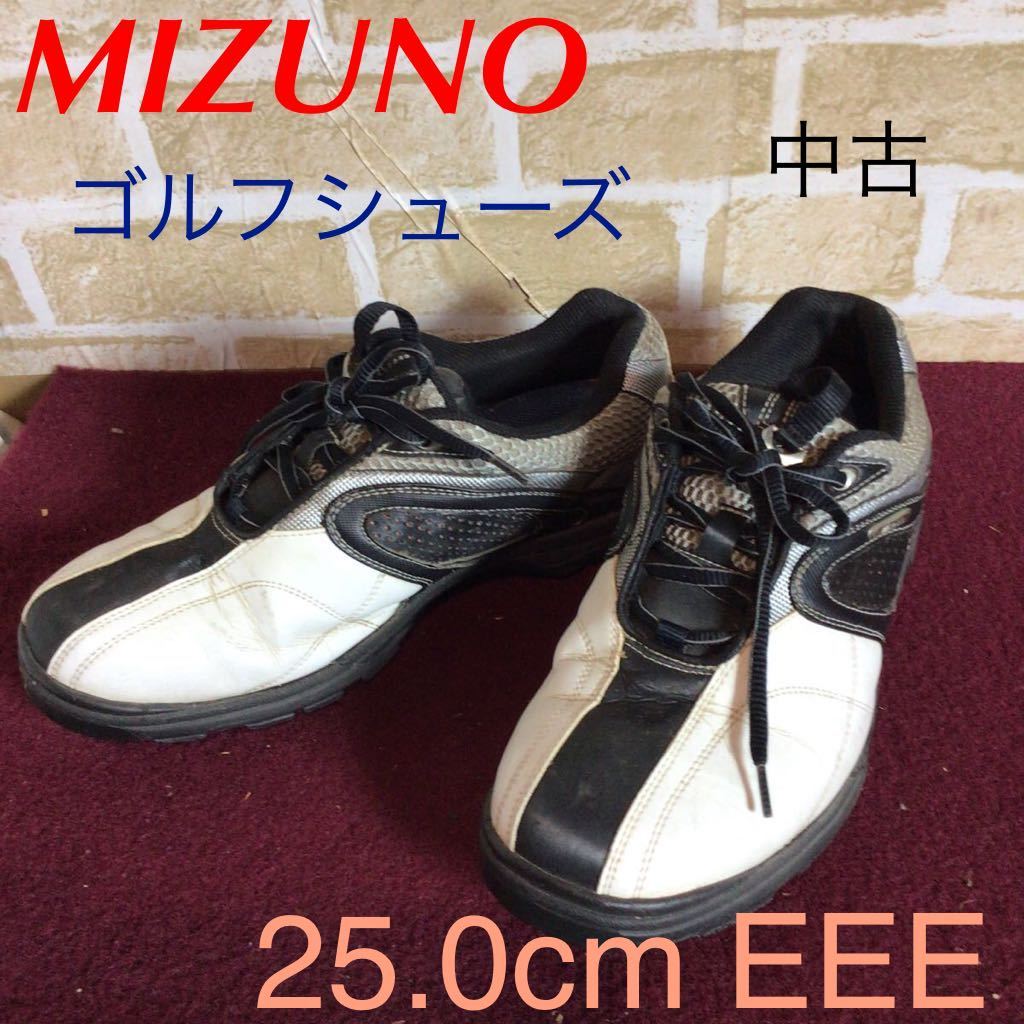 [ selling out! free shipping!]A-142 MIZUNO! golf shoes! spike! white × black!25.0cm EEE! Golf! hobby! business! attaching ..! sport! used!