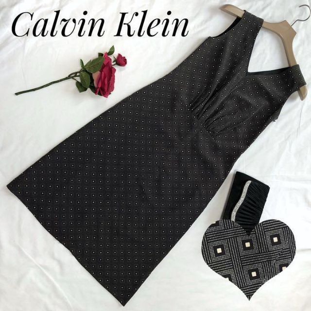 上品Calvin Klein カルバンクライン ギャザー ノースリーブワンピース ブラック 4サイズ