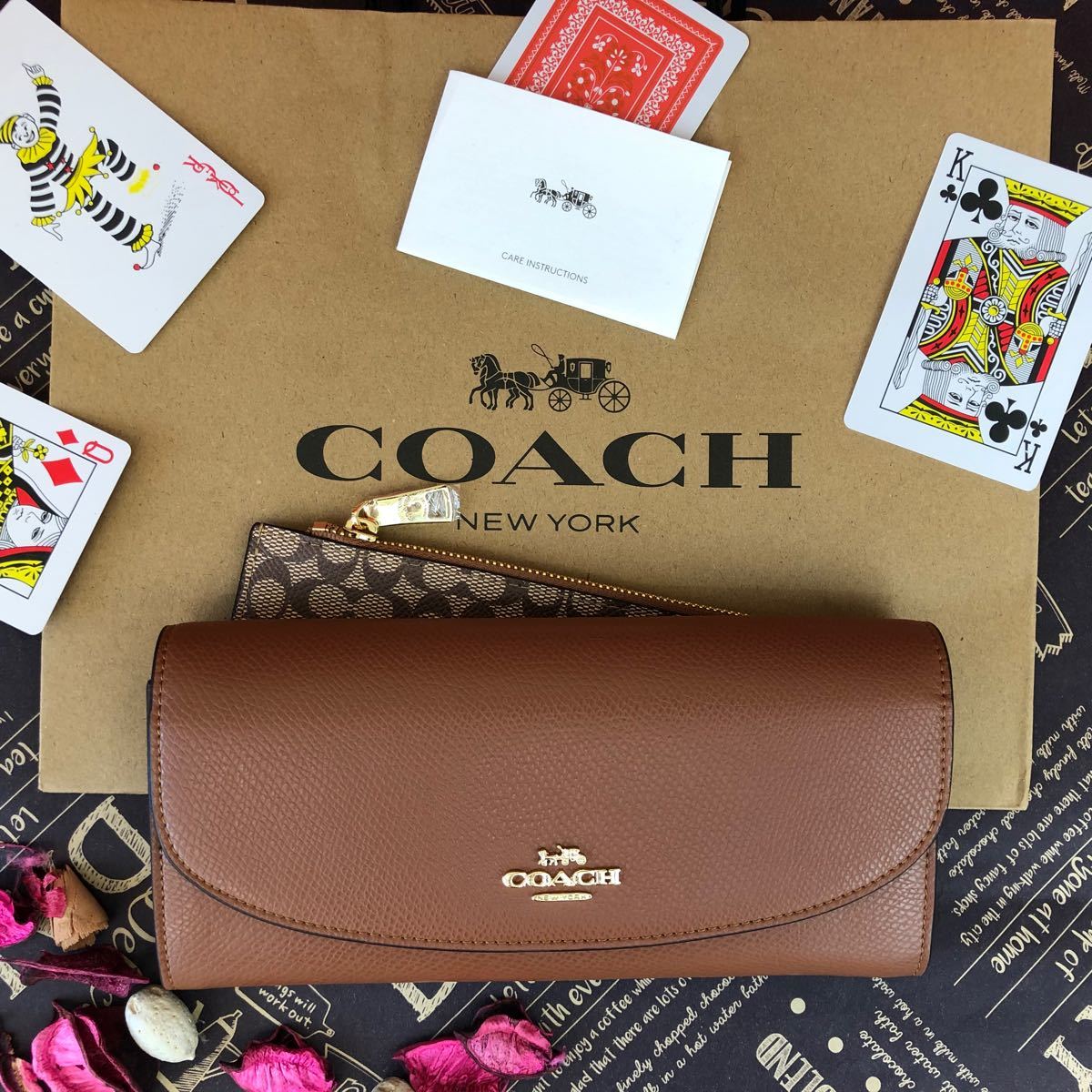 COACH 長財布 ブラウン フラップ開閉 ポーチ付き