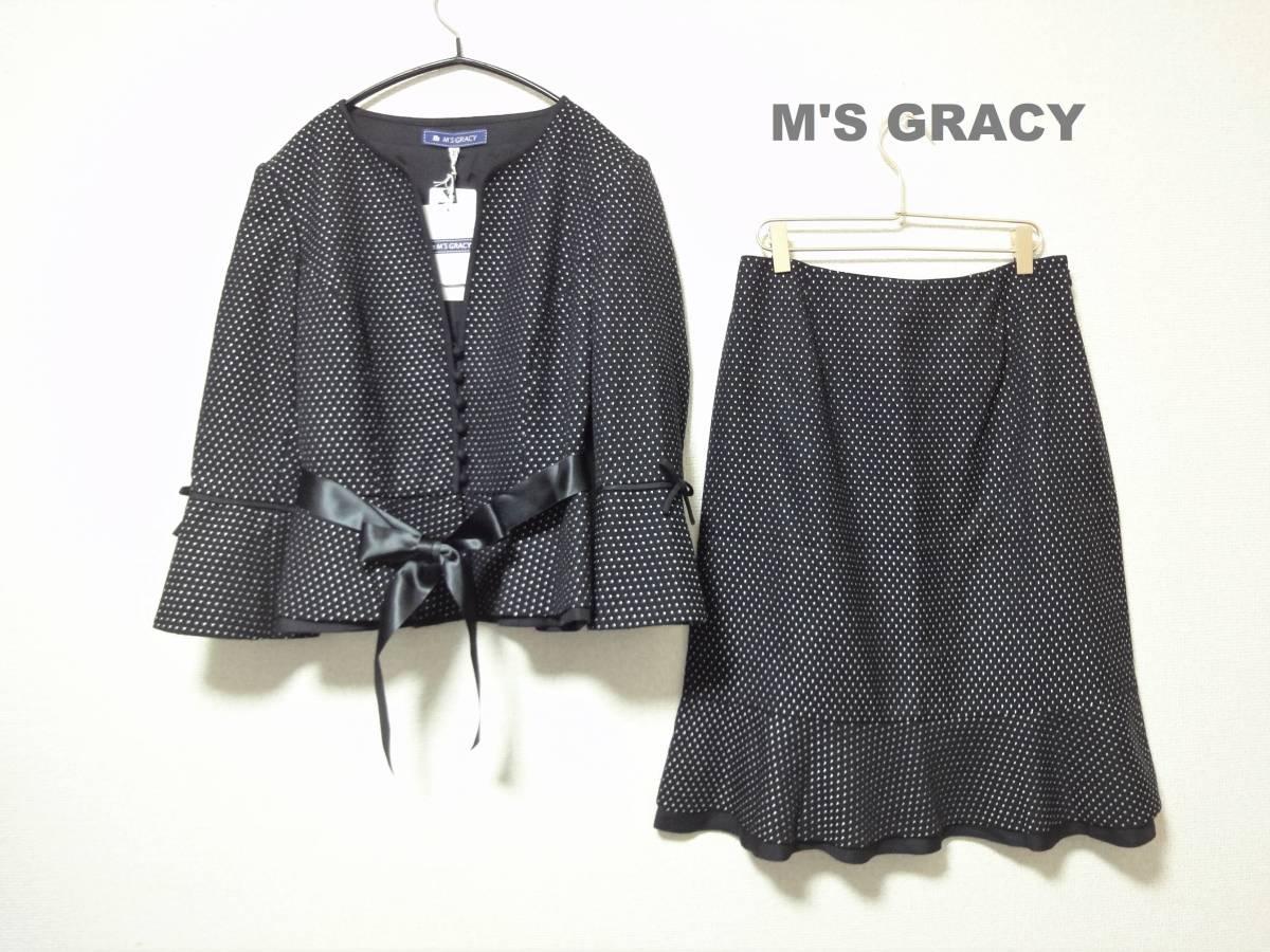 [サイズ40]　未使用　M'S GRACY　エムズグレイシー　ドット　リボン　スーツ　セットアップ　ウール　日本製 入園入学式