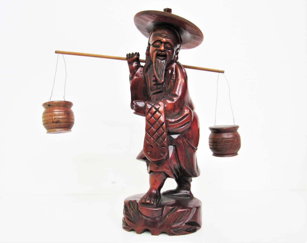総重量1195g 木彫り彫刻置物桶を担ぐ漁師老人爺釣り人仙人翁古美術古物
