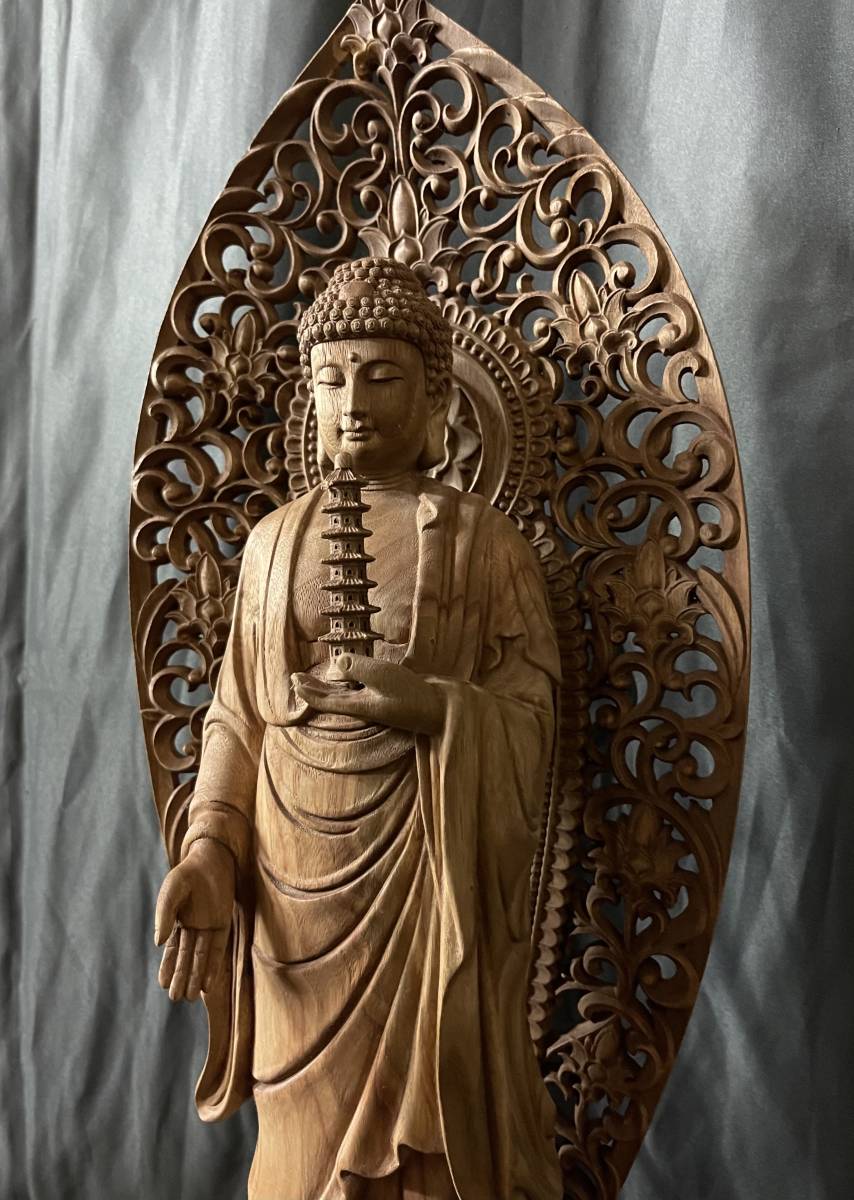 大型 高61cm 井波彫刻 仏教工芸品 総楠製 極上彫 木彫仏像 薬師如来 ショッピング卸し売り 井波彫刻 仏教工芸品 総楠製 極上彫 木彫仏像 薬師如来三尊立像 大型高61cm 彫刻/オブジェクト