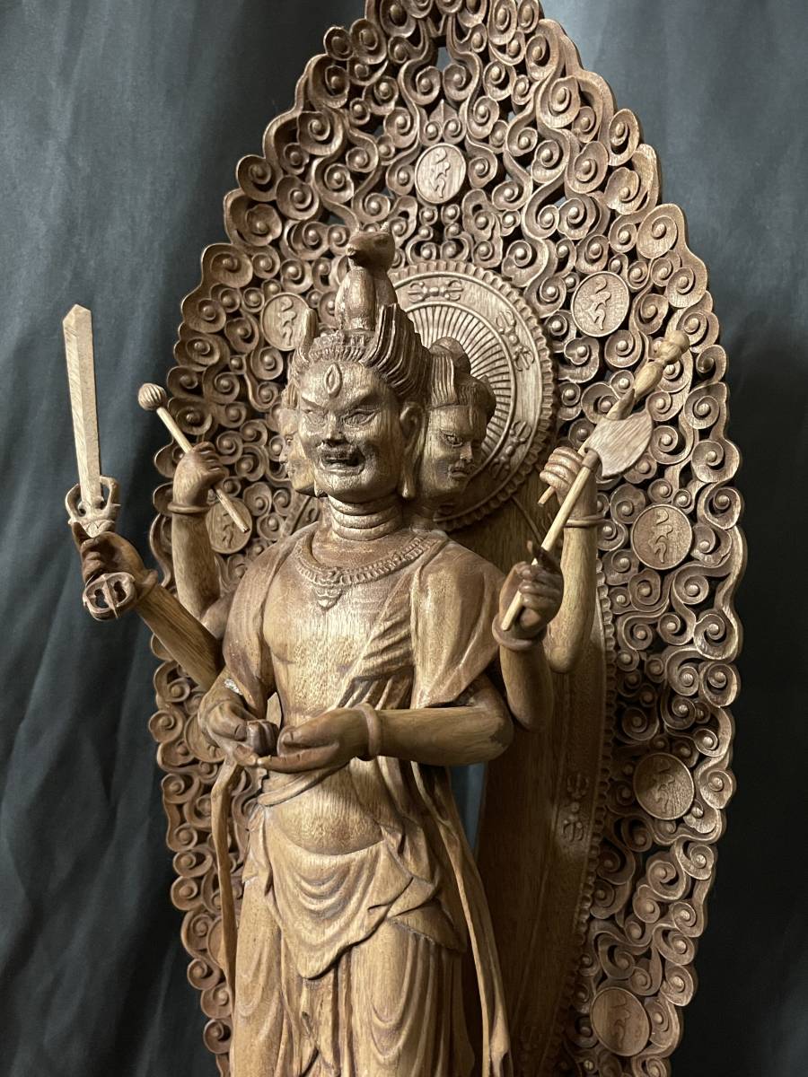 大型高62cm 井波彫刻 仏教工芸品 総楠製 極上彫 木彫仏像 馬頭観音菩薩