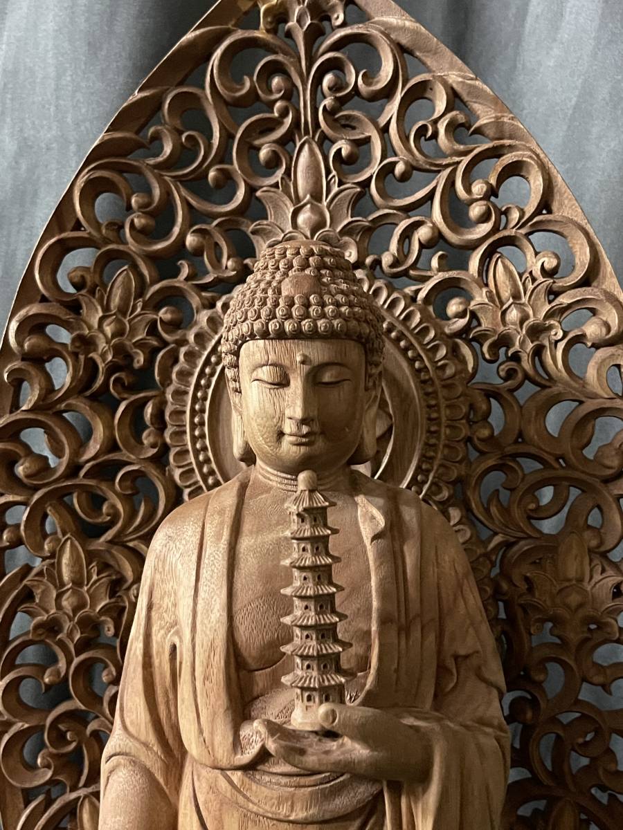 大型 高61cm 井波彫刻 仏教工芸品 総楠製 極上彫 木彫仏像 薬師如来 ショッピング卸し売り 井波彫刻 仏教工芸品 総楠製 極上彫 木彫仏像 薬師如来三尊立像 大型高61cm 彫刻/オブジェクト