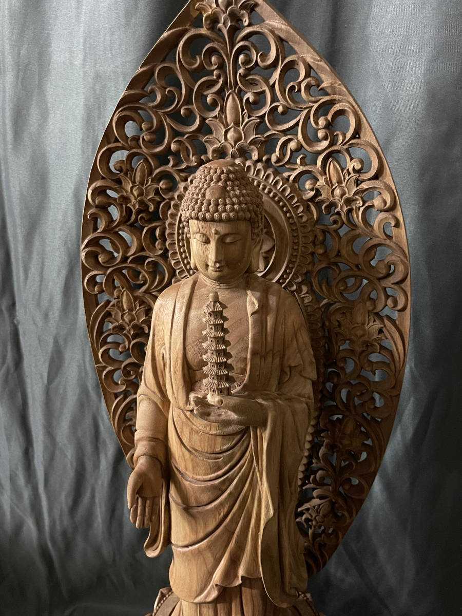 大型 高61cm 井波彫刻 仏教工芸品 総楠製 極上彫 木彫仏像 薬師如来 ショッピング卸し売り 井波彫刻 仏教工芸品 総楠製 極上彫 木彫仏像 薬師如来三尊立像 大型高61cm 彫刻/オブジェクト